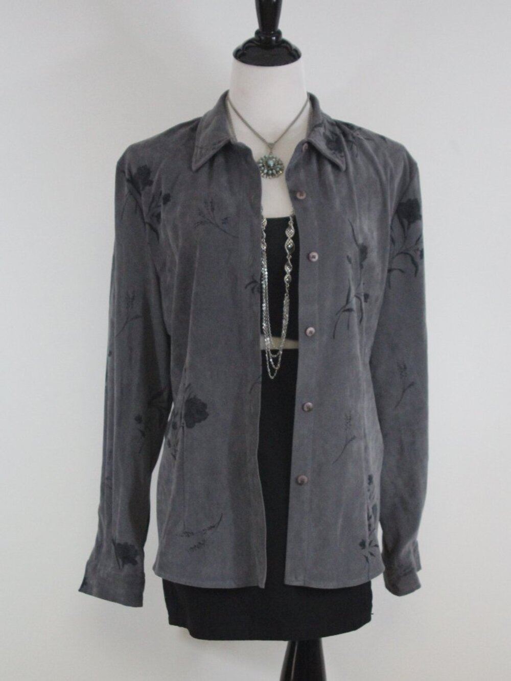 Vintage Norton McNaughton Gray Suede Feel Floral Button Shirt Blouse 12 90s